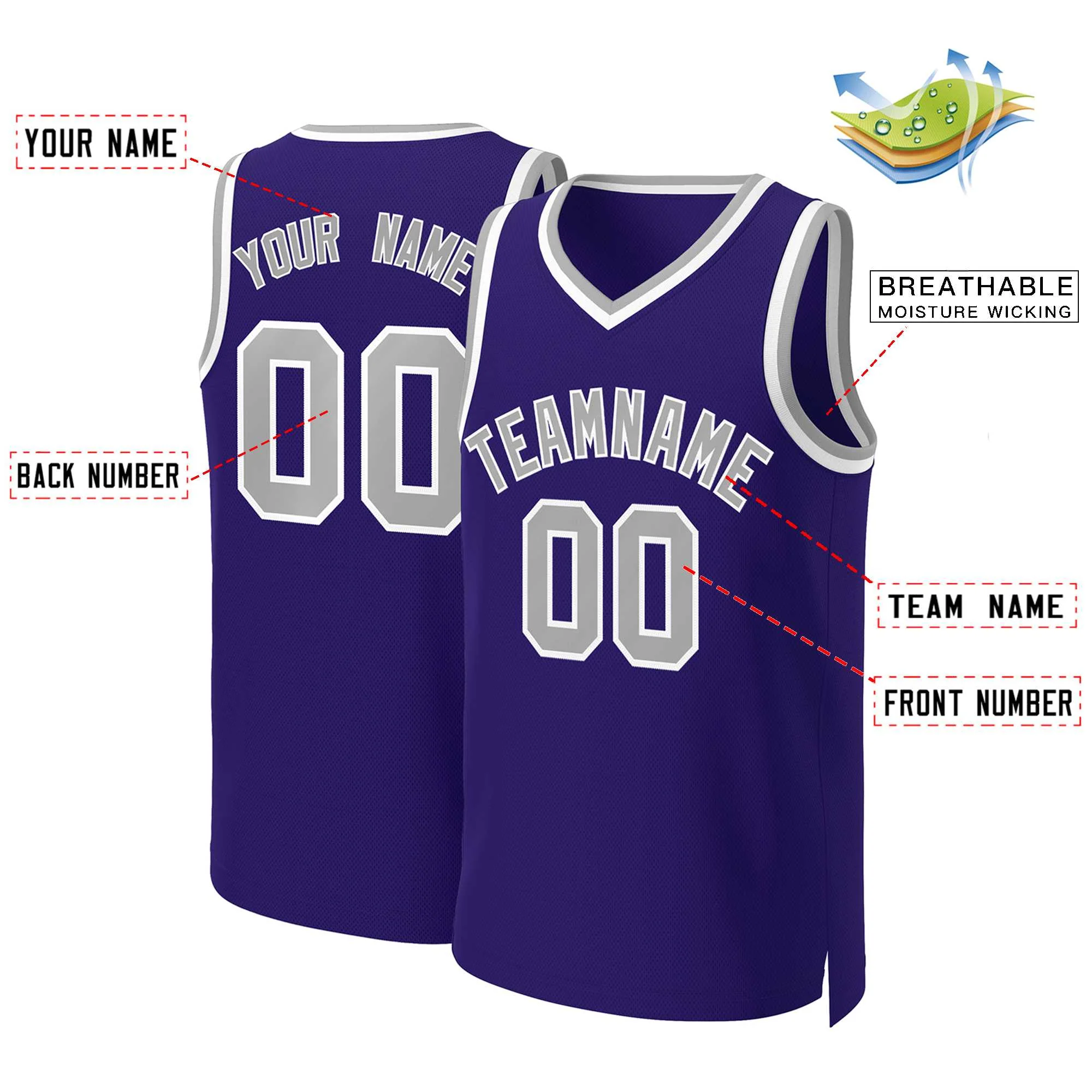 Custom Purple Gray-White Classic Tops Basketball Jersey